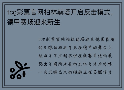 tcg彩票官网柏林赫塔开启反击模式,德甲赛场迎来新生